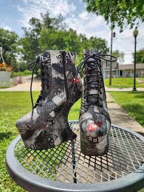 Bumper Black Graphic Lace-Up Platform Ankle Boots with Red Lip Accents